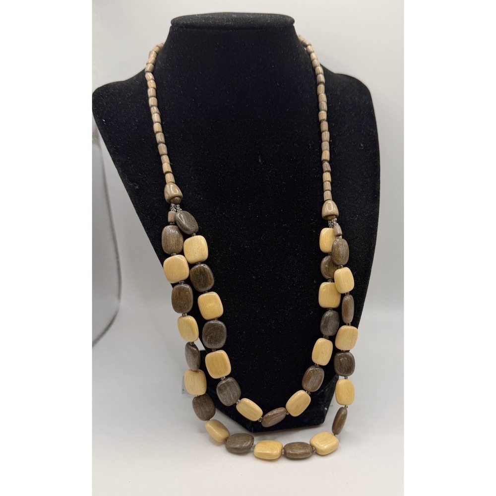 Vintage Wood Bead Necklace Layered Graduated Brown & Cream 22–24"